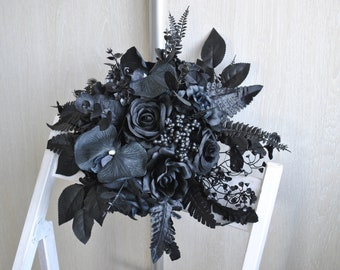 Black bridal bouquet, Gothic wedding,  Moody wedding flowers
