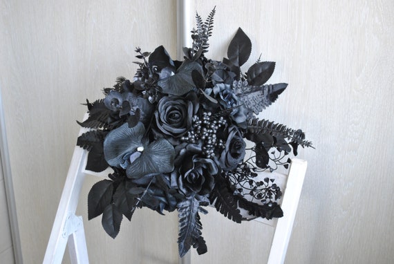 Black bridal bouquet, Gothic wedding,  Moody wedding flowers