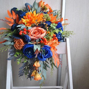 Blue orange bouquet, Cascading wedding bouquet, Bridal bouquet, Fall bouquet