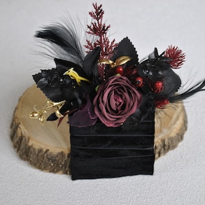 Burgundy black pocket boutonniere, Gothic wedding, Wedding boutonniere for men