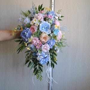 Wildflower bridal bouquet, Light blue pink bridesmaid bouquet, Jewel tone bouquet, Colorful  bouquet
