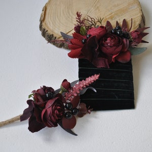 Burgundy black pocket boutonniere, Gothic wedding, Hallowen weding