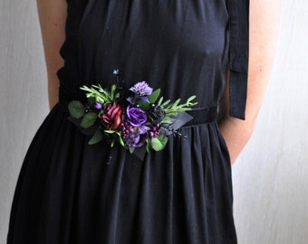 Gothic Wedding Flower Sash Belt: Black Purple Floral Girl Belt
