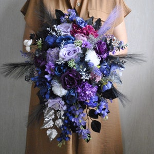 Purple lilac blue silver bouquet, Jewel tone bridal bouquet, Gothic wedding bouquet, Cascading bouquet