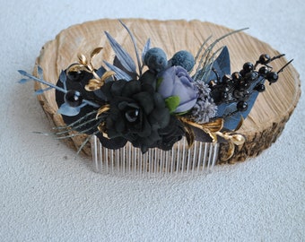 Gothic wedding hair accessories, Black navy flower hair pins, Floral comb