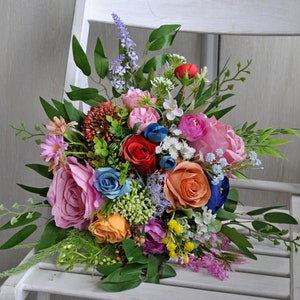 Jewel tone bouquet, Colorful wedding bouquet, Orange hot pink blue bridal bouquet, Wildflower bouquet