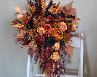 Black orange burgundy bouquet, Cascading bouquet, Halloween wedding bouquet, Fall wedding bouquet