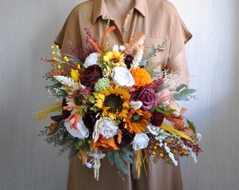 Orange burgundy sunflower bouquet, Fall wedding bridal bouquet, Cascading bouquet