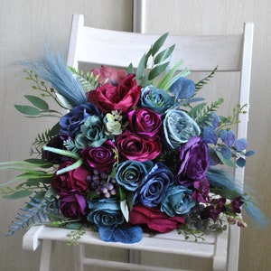 Deep purple teal magenta blue bouquet, Jewel tone wedding, Fall bridal bouquet