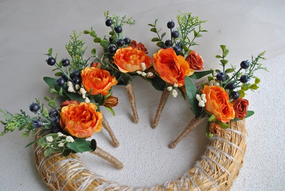 ブルーオレンジブーケ、カスケーディングウェディングブーケ