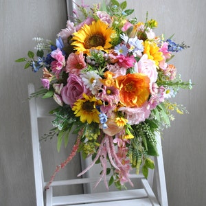 Orange hot pink sunflower bouquet, Colorful wedding bouquet, Wildflower bouquet