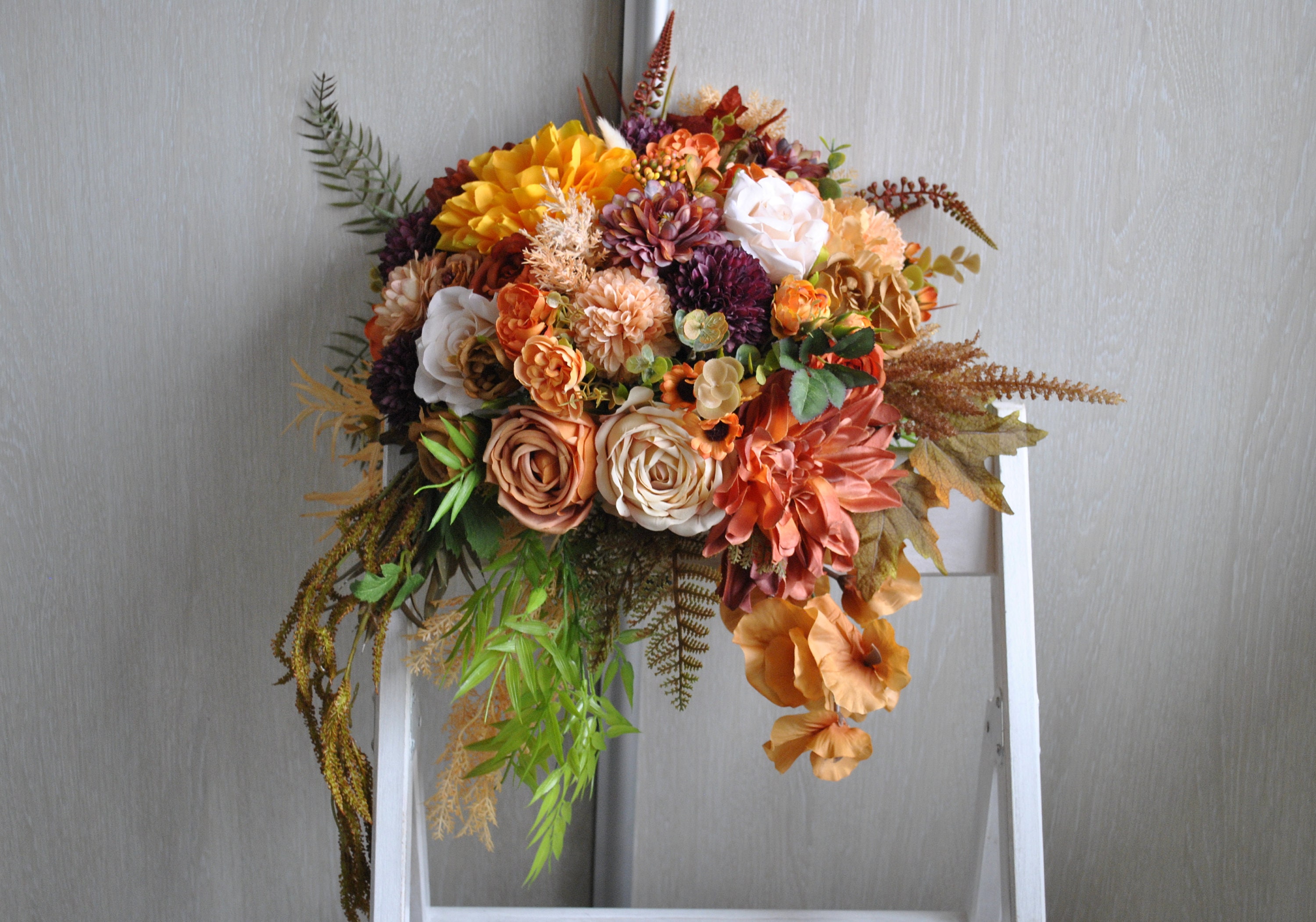 Rust orange bouquet, Fall wedding bridal bouquet, Cascading bouquet, Boho wedding bouquet