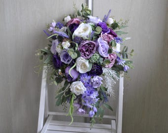 Ciandid Bouquet Da Sposa A Cascata - Rose Bianche E Viola Con Nastri, Fiori Artificiali In Seta Per Matrimonio E Anniversario, 46 Cm