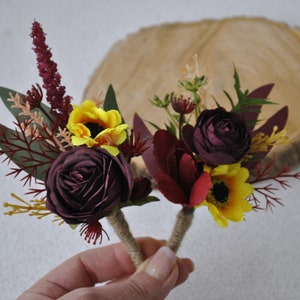 Burgundy sunflower boutonniere for men, Fall wedding, Wedding buttonhole