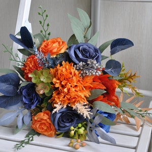 Burnt orange navy wedding bouquet, Fall wedding bouquet, Blue orange bridesmaid bouquet