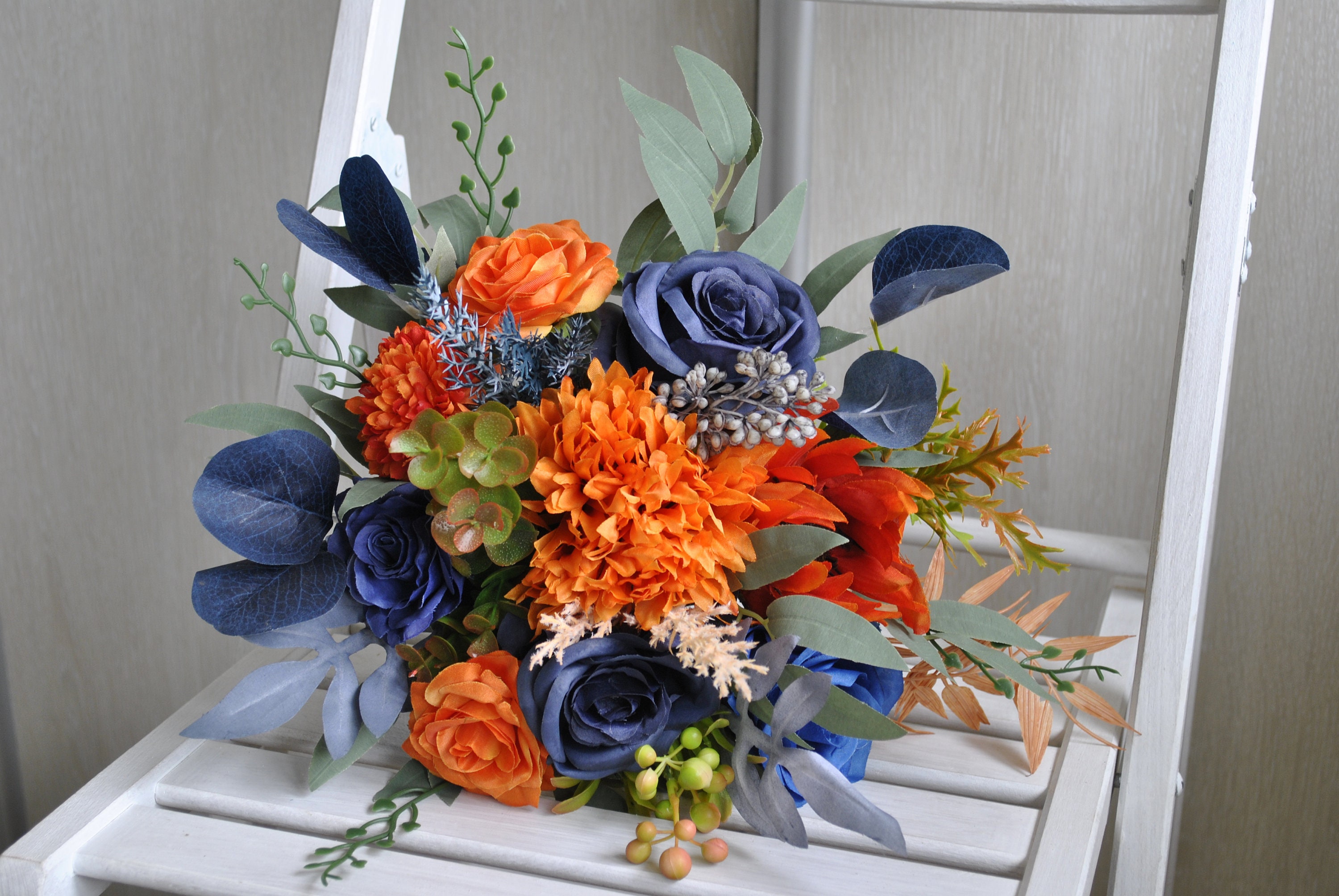 Burnt Orange Navy Wedding Bouquet, Fall Wedding Bouquet, Blue Orange  Bridesmaid Bouquet - Etsy, image size:3000x2008