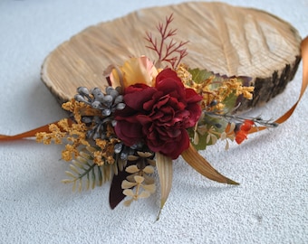 Rust orange wedding corsages, Fall wedding flowers, Wedding wrist corsage