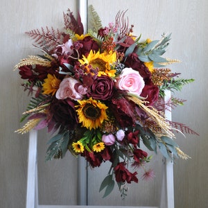 Burgundy sunflower cascading bouquet, Fall wedding, Rustic sunflower wedding
