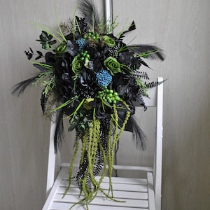 Black emerald green wedding bouquet, Gothic wedding bouquet, Cascading bouquet