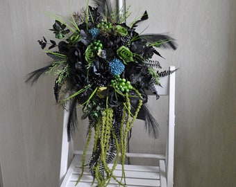 Black emerald green wedding bouquet, Gothic wedding bouquet, Cascading bouquet