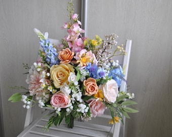 Wildflower bridal bouquet, Jewel tone bouquet, Orange hot pink bridesmaid bouquet, Colorful  bouquet