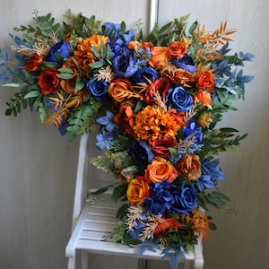 Navy blue orange arch flowers, Fall wedding arch swag, Wedding arch arrangement