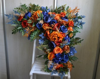 Navy blue orange arch flowers, Fall wedding arch swag, Wedding arch arrangement