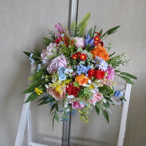 Wildflower bridal bouquet, Jewel tone bouquet, Orange hot pink bridesmaid bouquet, Colorful  bouquet