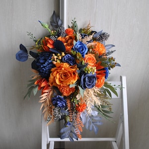 Navy Gebrannter Orang Hochzeitsstrauß, Cascading Bouquet, Hochzeit im Herbst