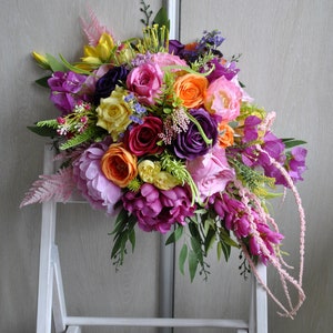 Jewel tone bouquet, Orange hot pink purple yellow bridal bouquet, Colorful wedding bouquet
