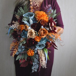 Rust teal burundy wedding bouquet, Fall boho wedding, Cascading bouquet