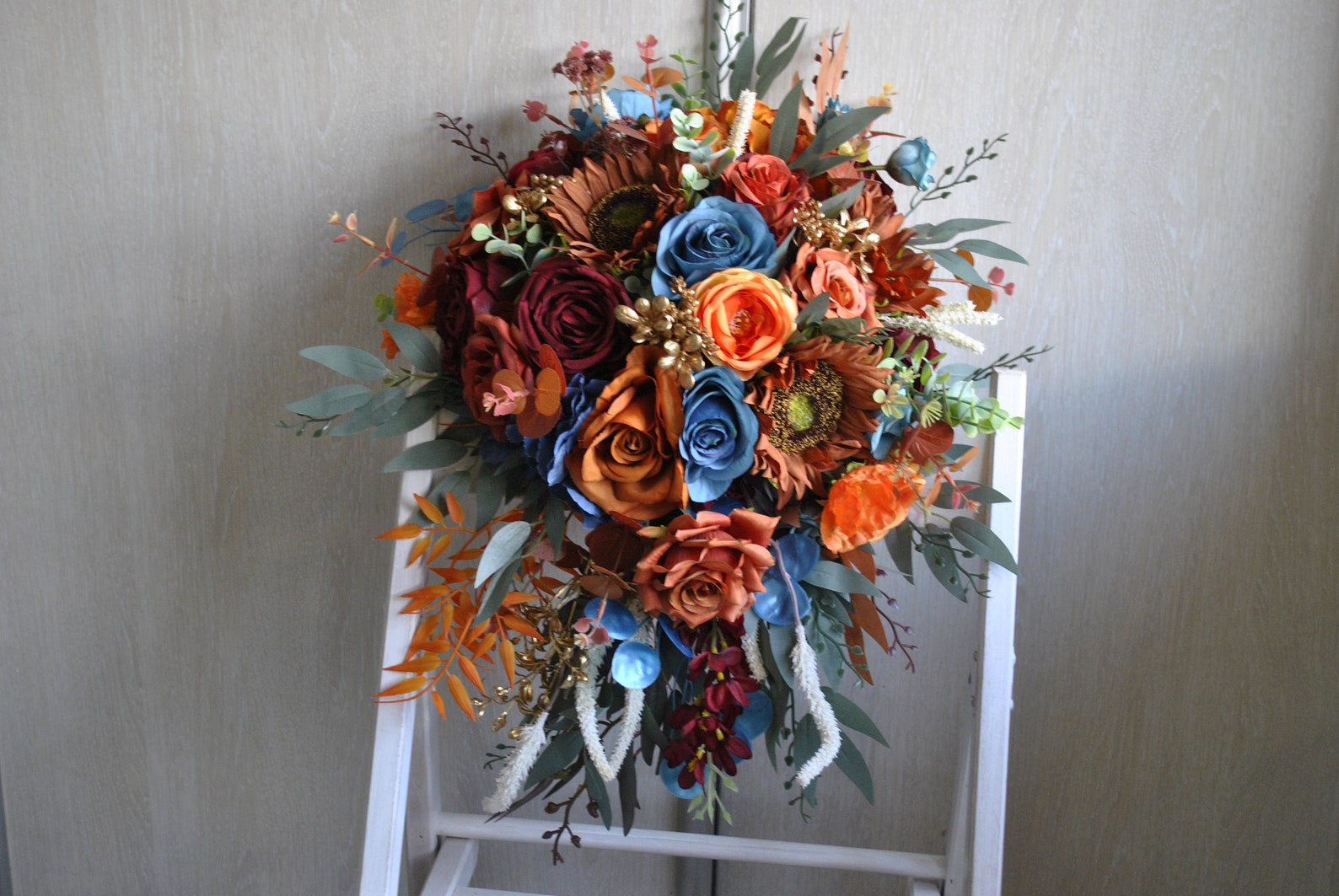 Rust Teal Burgundy Gold Bridal Bouquet, Fall Wedding Silk Flowers, Cascading Bouquet Etsy Canada