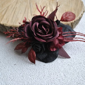 Burgundy black wedding corsage, Gothic wedding bouquet,  Halloween wedding