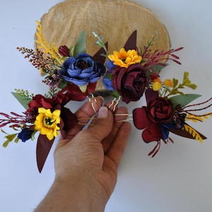 Burgundy sunflower flower hair pins, Fall wedding hair pins, Bridal hairpiesce, Flower accessories