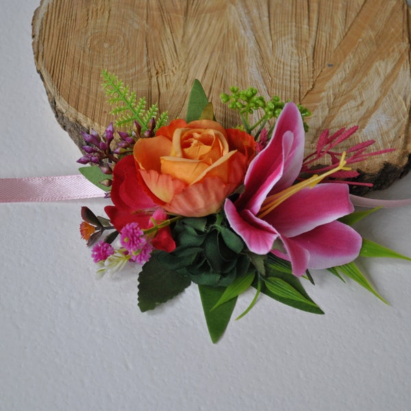 Hot pink orange wrist corsage, Floral accessories, Summer spring wedding, Jewel tone wedding