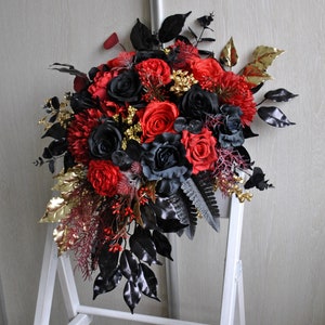 Black red gold cascading bouquet, Gothic wedding bouquet, Halloween wedding bouquet image 4