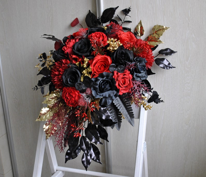 Black red gold cascading bouquet, Gothic wedding bouquet, Halloween wedding bouquet image 4