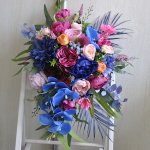 Jewel tone bridal bouquet, Hot pink blue wedding bouquet, Summer wedding