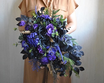 Black purple bridal bouquet, Gothic wedding silk flowers, Cascading bouquet