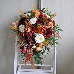 Burgundy rust ivory wedding bouquet, Cascading bouquet, Fall wedding bouquet