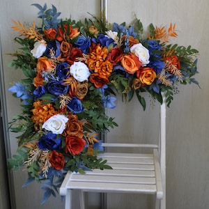 Navy blue orange arch flowers, Fall wedding arch swag, Wedding arch arrangement