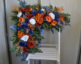 Navy blue orange arch flowers, Fall wedding arch swag, Wedding arch arrangement