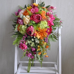 Hot pink orange bridal bouquet, Jewel tone bouquet, Cascading bouquet, Summer wedding