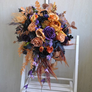 Purple black orange bridal bouquet, Fall wedding, Cascading bouquet