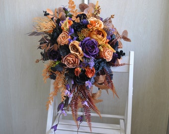 Purple black orange bridal bouquet, Fall wedding, Cascading bouquet