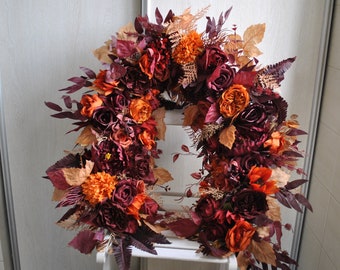 Burgundy burnt orange arch flowers, Fall wedding flower garland, Flowers arrangement