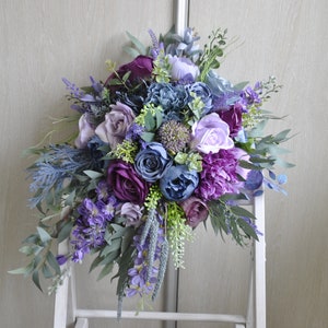 Purple dusty blue wedding bouquet, Lavender bouquet, Cascading bridal bouquet boho, Fall wedding