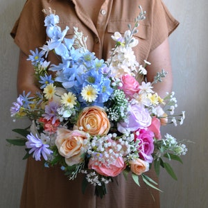 Wildflower bridal bouquet, Jewel tone bouquet, Orange hot pink bridesmaid bouquet, Colorful  bouquet