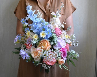Wildflower bridal bouquet, Jewel tone bouquet, Orange hot pink bridesmaid bouquet, Colorful  bouquet
