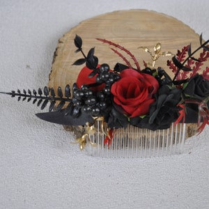 Black red gold cascading bouquet, Gothic wedding bouquet, Halloween wedding bouquet Floral comb
